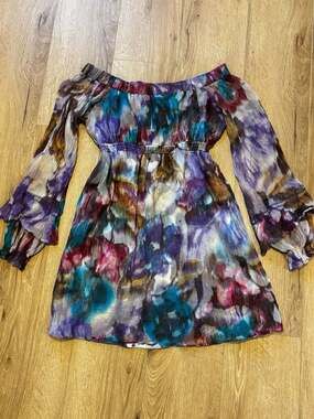 Marciano Off-The-Shoulder Silk Dress Size M/M Watercolor Fairy